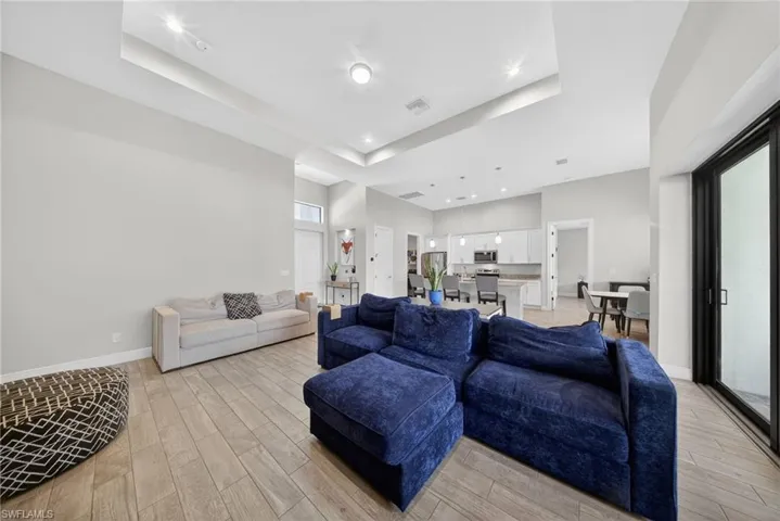 Living room featuring wood tiled floors, a raised ceiling, and recessed lighting