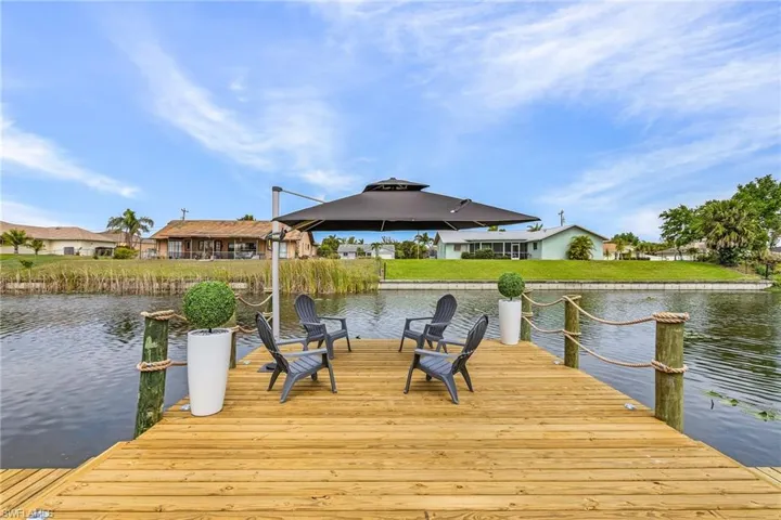 View of dock with a lawn and a water view.