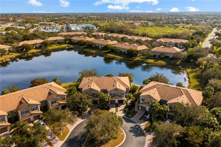 Birds eye view of property with a water view