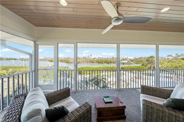 Sunroom / solarium with wood ceiling, a healthy amount of sunlight, and a water view
