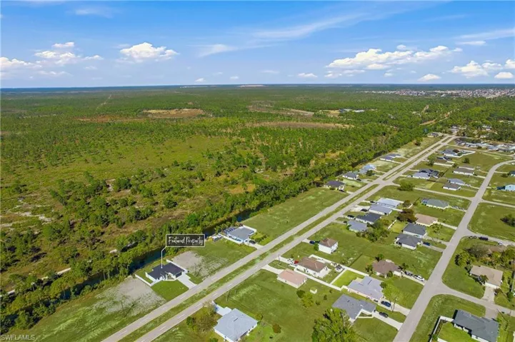 Aerial perspective of suburban area featuring a forest