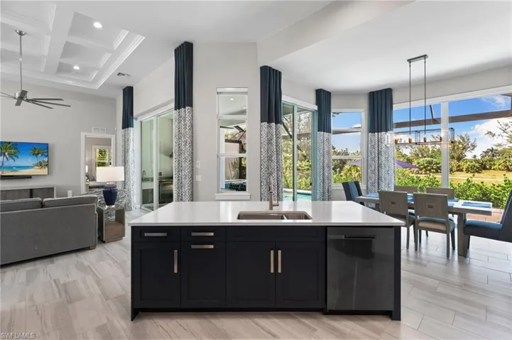 Kitchen open to dining and living areas