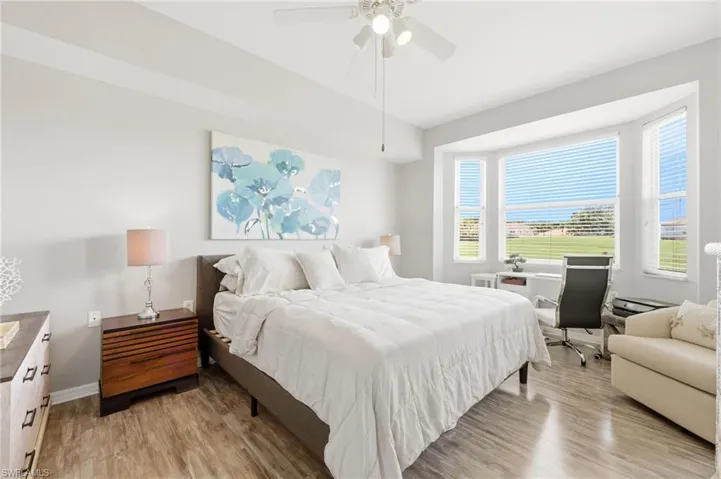 Bay window featuring multiple large windows with blinds