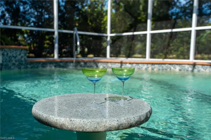 Swimming pool with a lanai and view of scattered trees