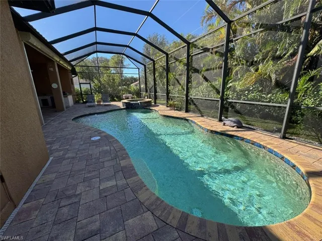 View of pool featuring a lanai, a patio area, and an in ground hot tub
