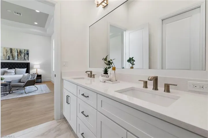 Bathroom with vanity, hardwood / wood-style floors, and a tray ceiling