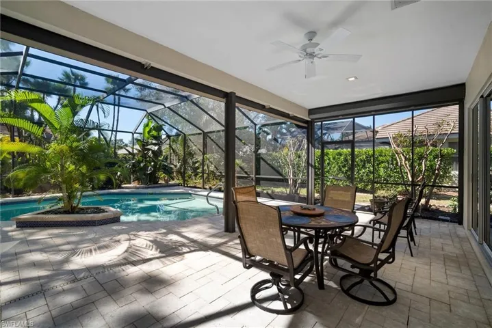 View of swimming pool with ceiling fan