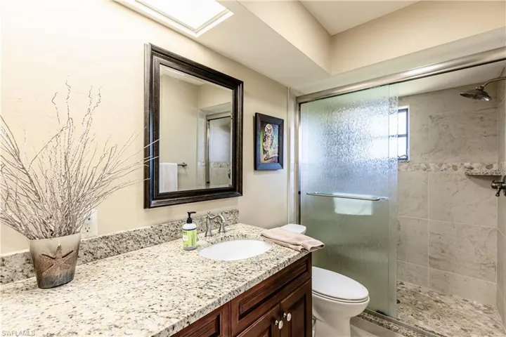 Bathroom with toilet, a shower stall, and vanity