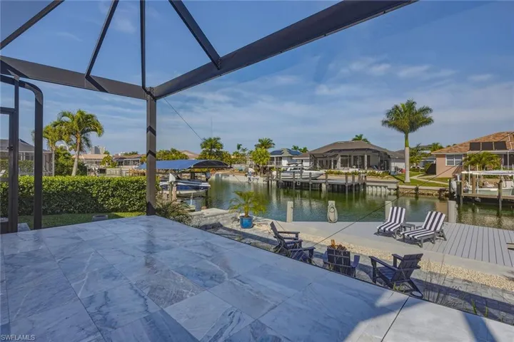 View of patio / terrace with a dock, a water view, and a residential view