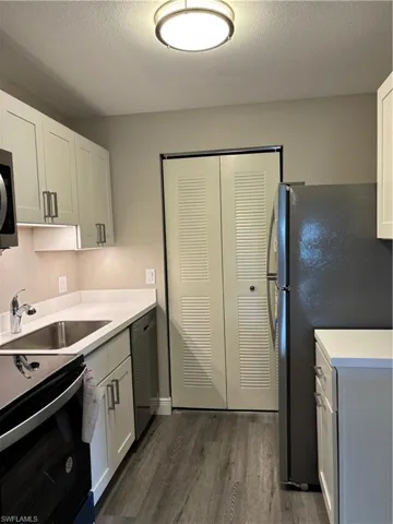 Kitchen featuring wood-style floors, dishwashing machine, a sink, and light countertops