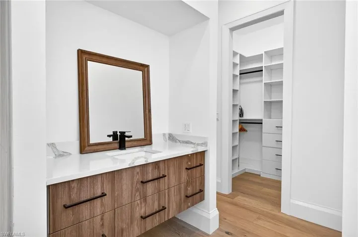 Bathroom with vanity, light wood-style floors, and a walk in closet