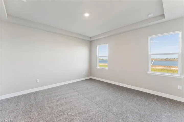 Carpeted spare room with a water view, plenty of natural light, and a tray ceiling