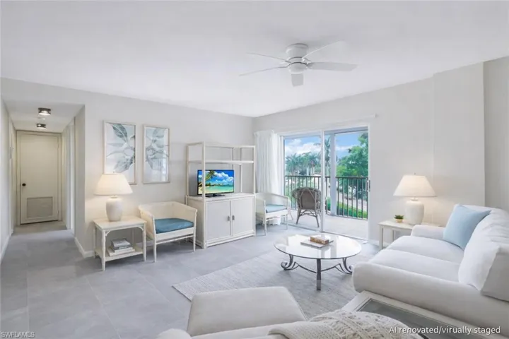AI renovated/virtually staged. Living room with ceiling fan and baseboards