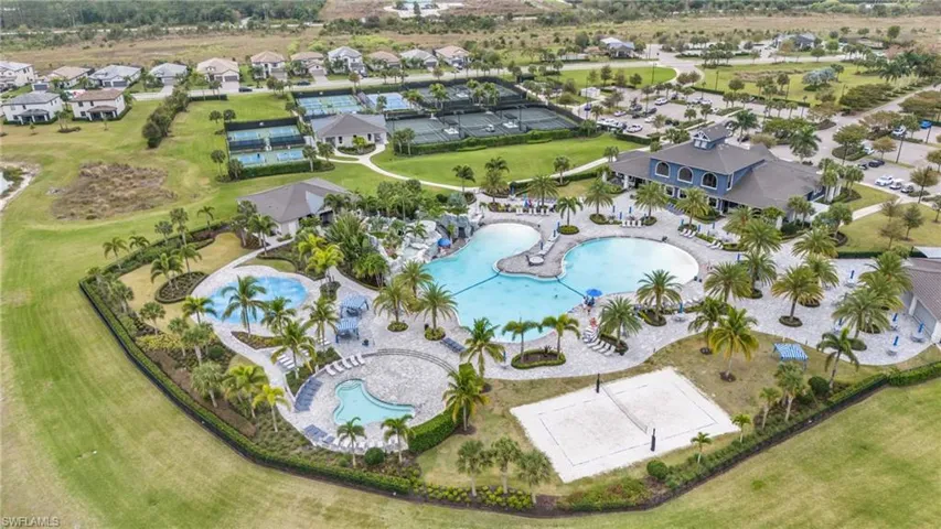 View of property location featuring a pool area and nearby suburban area