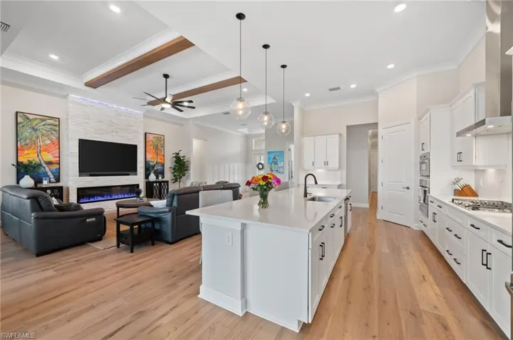 Kitchen with a fireplace, white cabinets, an island with sink, light wood flooring, and wall exhaust hood