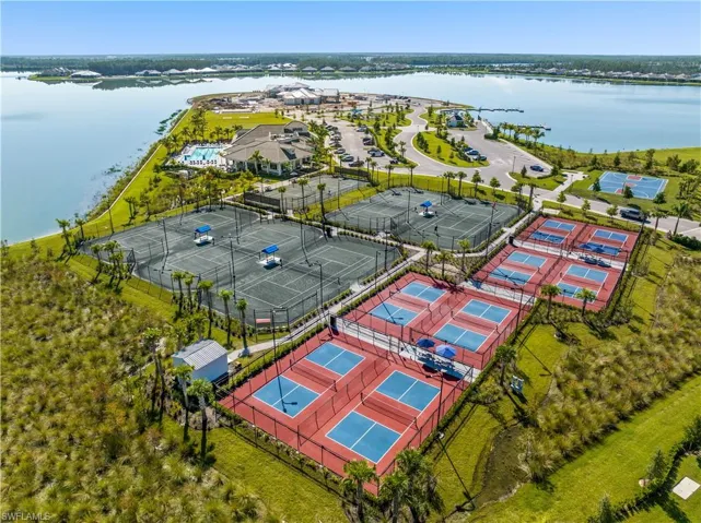 Aerial view of sport courts with a water view