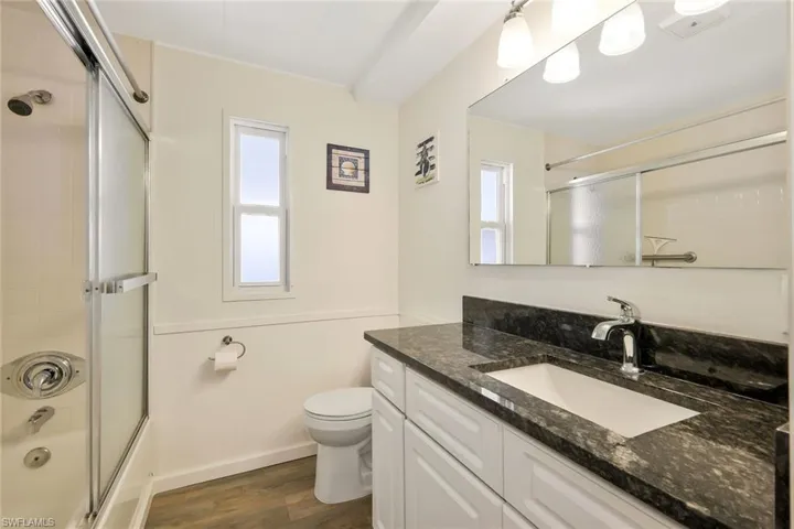 Bathroom featuring wood finished floors, a healthy amount of sunlight, toilet, and vanity