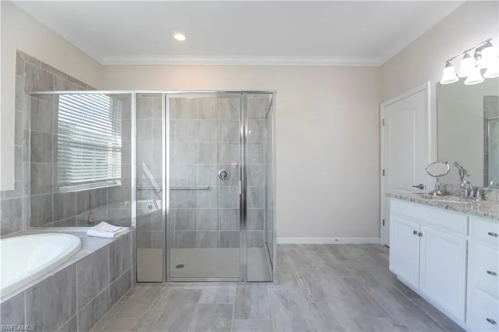 Bathroom with a stall shower, vanity, a garden tub, ornamental molding, and wood finish floors