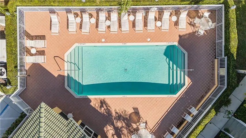 View from above of property with a pool area