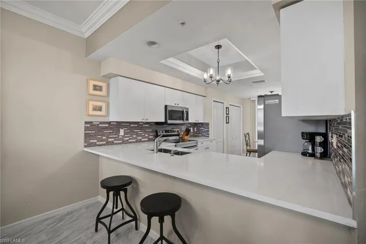 Kitchen with backsplash, white cabinets, appliances with stainless steel finishes, a kitchen bar, and kitchen peninsula