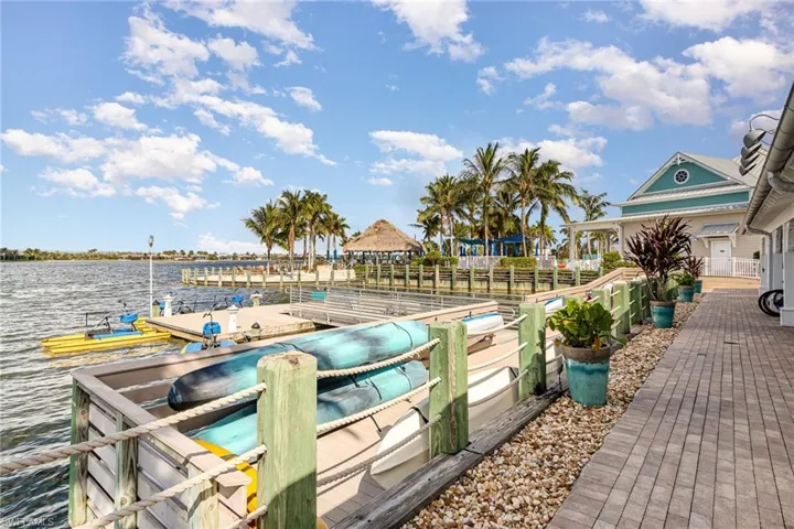 View of patio featuring a water view and a boat dock