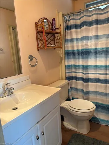 Full bathroom featuring curtained shower, toilet, wood finished floors, and vanity