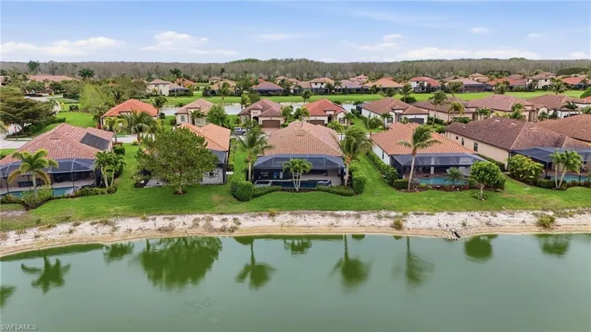 Aerial perspective of suburban area featuring a large body of water