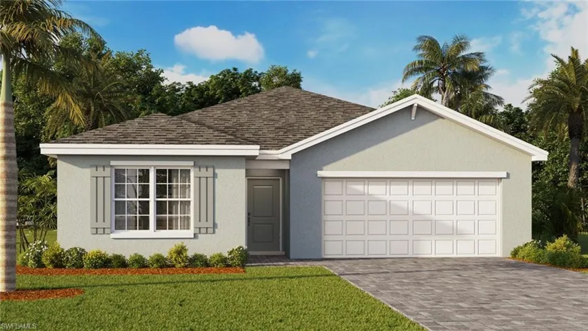 Single story home featuring a front yard and a garage