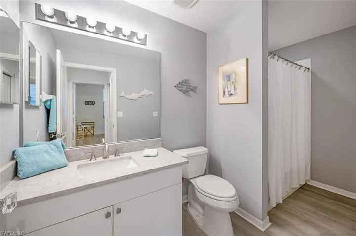 Full bath with vanity, light wood finished floors, and a shower with curtain
