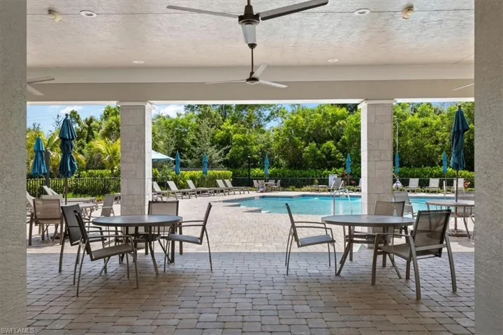 View of patio featuring a community pool and ceiling fan