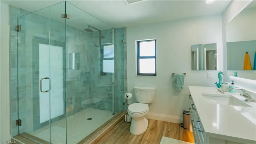 Bathroom with vanity, wood-type flooring, an enclosed shower, and toilet