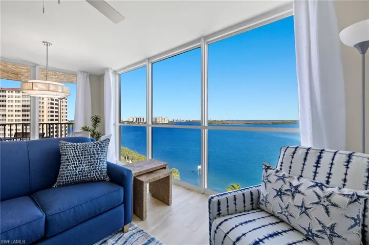 Sunroom with a water view, plenty of natural light, and ceiling fan