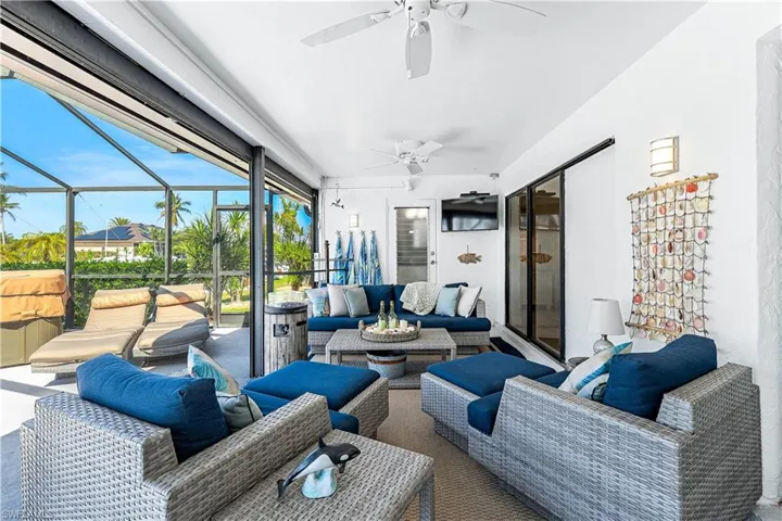 huge covered lanai with lots of room for dining and lounging in the shade