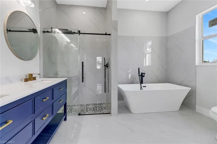 Bathroom with vanity and shower with separate bathtub