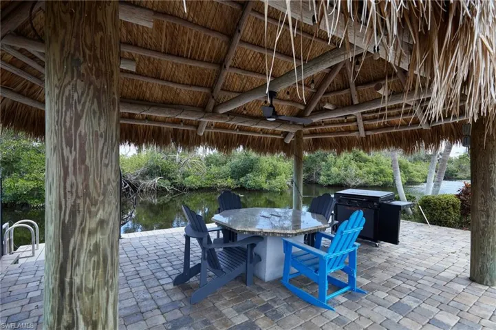 View of patio / terrace featuring outdoor dining space, a water view, and a tiki