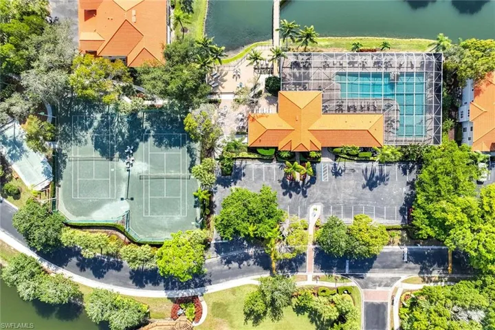 Bird's eye view of a large body of water and a pool