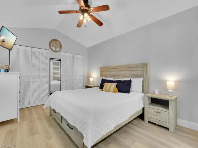 The primary bedroom has California closets.