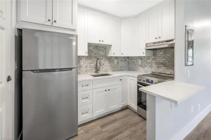Kitchen with under cabinet range hood, light wood finished floors, stainless steel appliances, and a sink