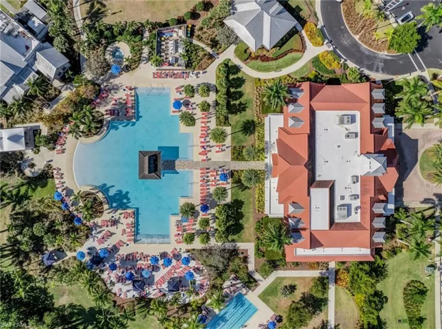 Drone / aerial view of a pool