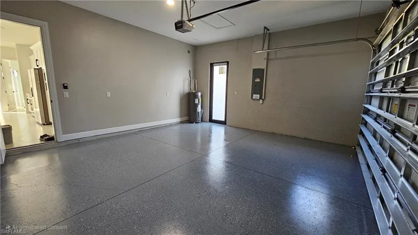 Garage featuring electric panel, water heater, stainless steel refrigerator, and a garage door opener