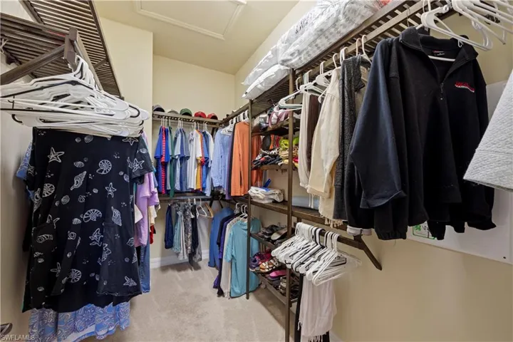 Walk in closet with attic access and carpet flooring
