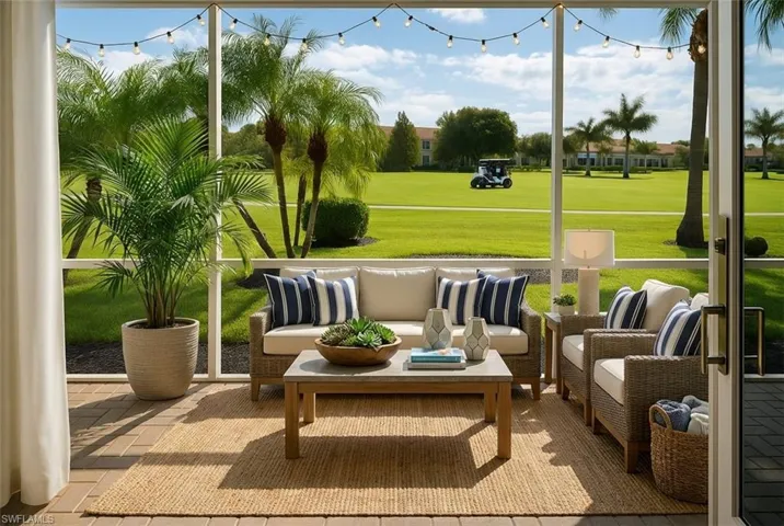 Sunroom with an outdoor lounge area, golf course view, and a patio area