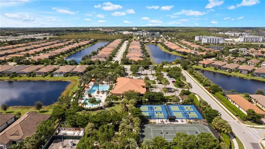 Birds eye view of property with a water view