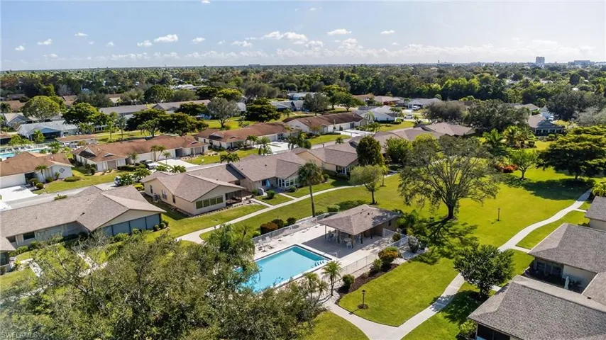 Aerial perspective of suburban area featuring a pool area
