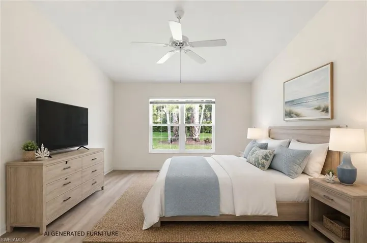 Vaulted ceiling with a ceiling fan, window with exterior views, light wood-finish flooring, and neutral wall tones
