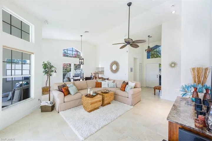 Volume ceilings with open living and dining area