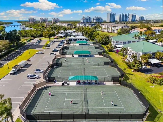 Drone / aerial view of skyline and a nearby body of water