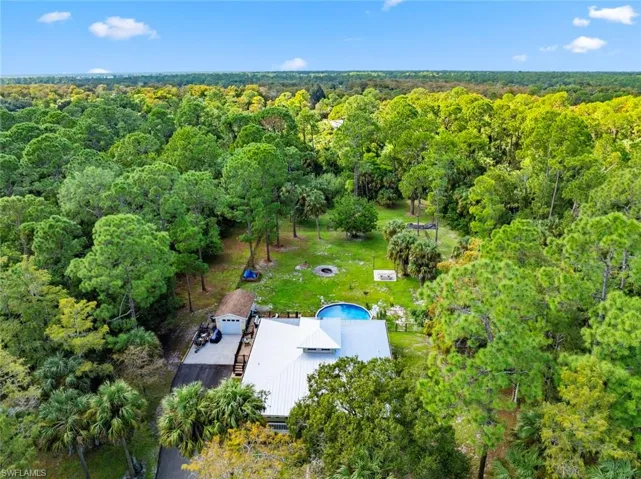 View of subject property featuring a pool and a forest