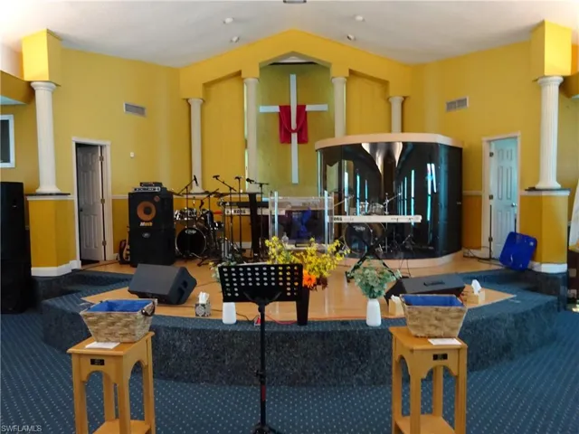 Speakers Podium, sound system, and Baptistry