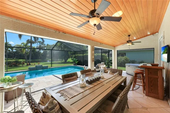 Lanai accented by beautiful wood ceiling